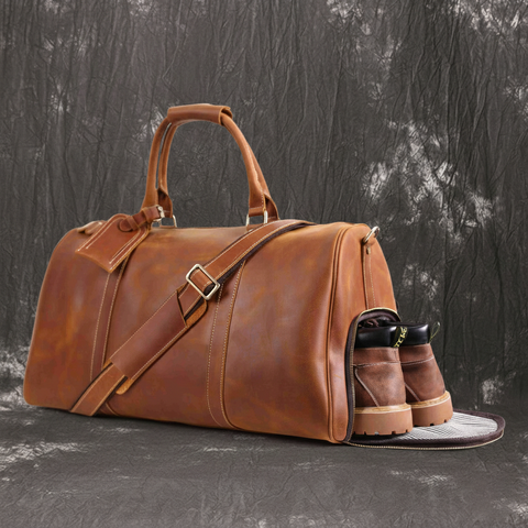 Vintage Crazy Horse Leather Duffle Bag with Shoes Compartment, Leather Travel Bag, Weekender Bag - ROCKCOWLEATHERSTUDIO