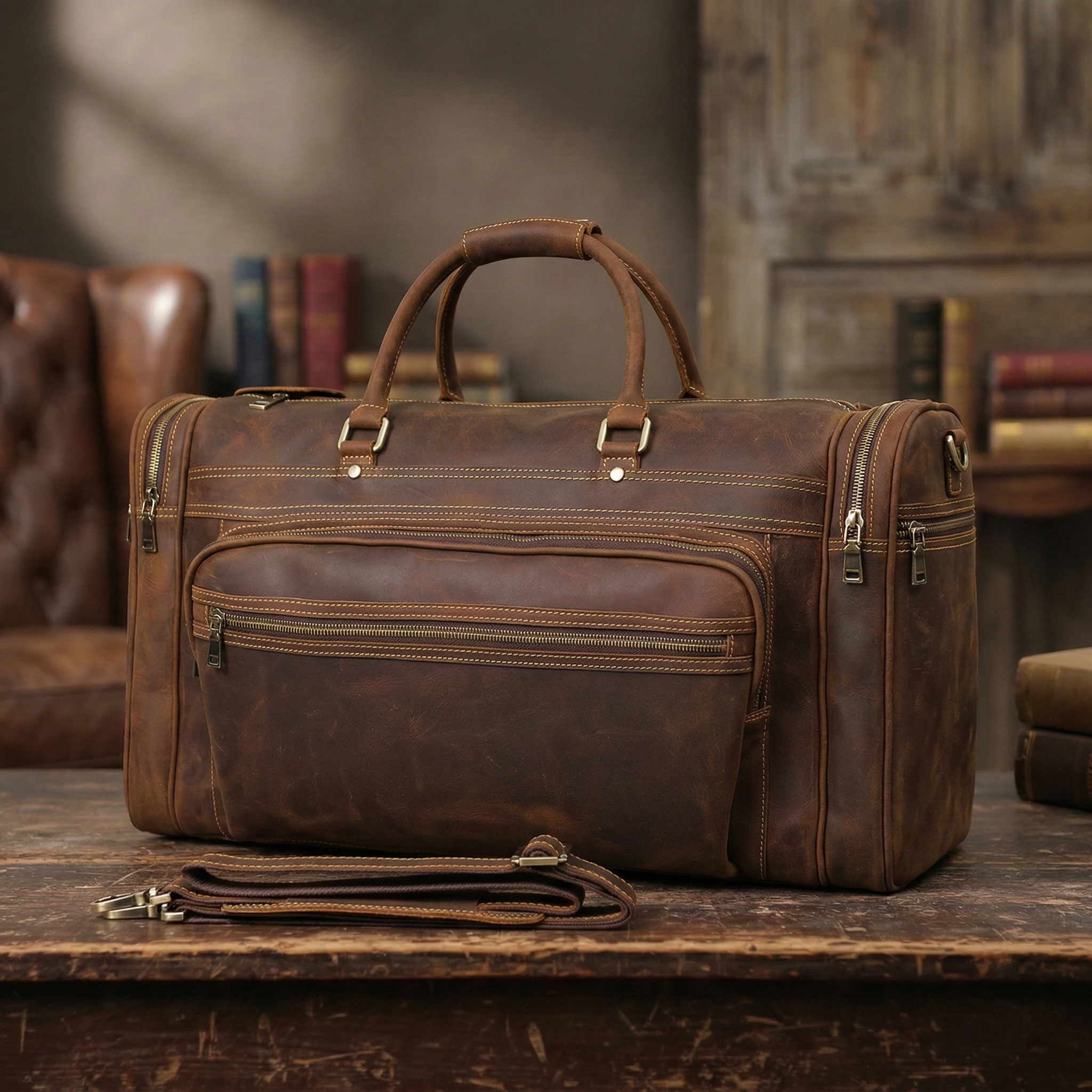 Rockcow Men's Handmade Full-Grain Leather Duffle, Premium