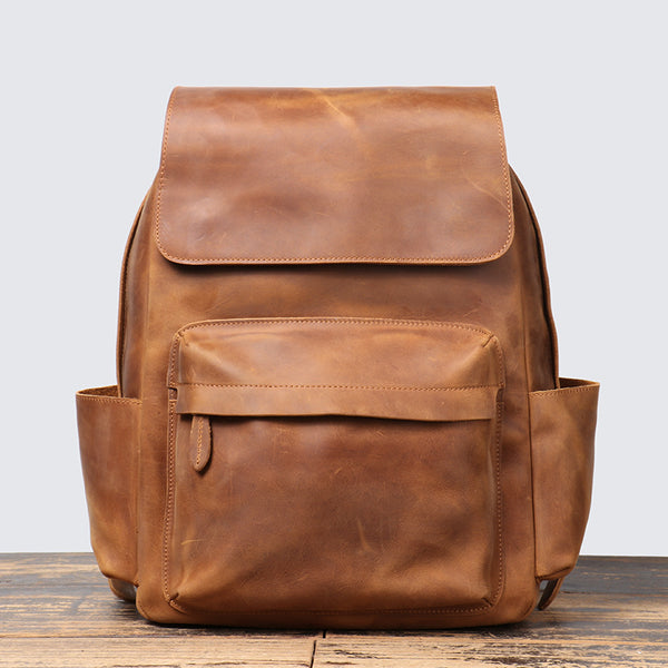 Crazy Horse Leather Men Backpack Men Full Grain Leather School Backpack Retro Travel Backpack