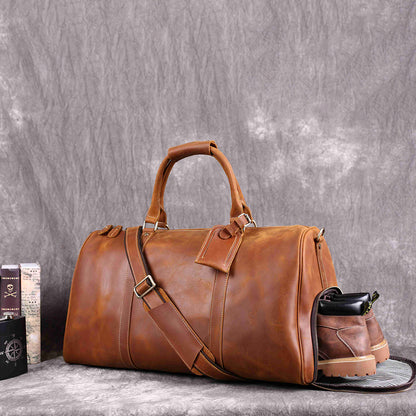 Vintage Crazy Horse Leather Duffle Bag with Shoes Compartment, Leather Travel Bag, Weekender Bag