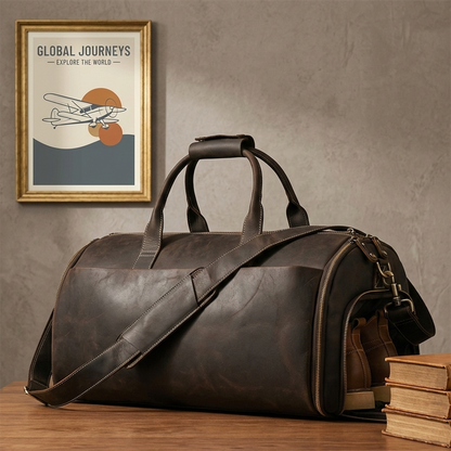 Full Grain Leather Garment Bag Mens Leather Duffel Bag Retro Leather Weekend Travel Bag Large Leather Gym Bag
