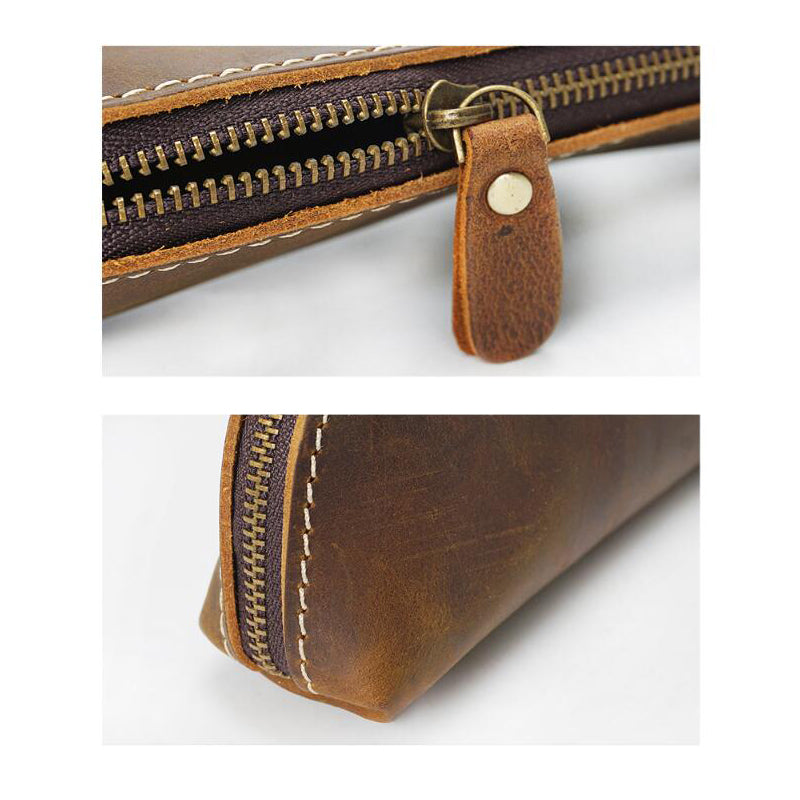 Handmade Cowhide Leather Vintage Zipper Pen Pencil Case Stationery Storage  Bag