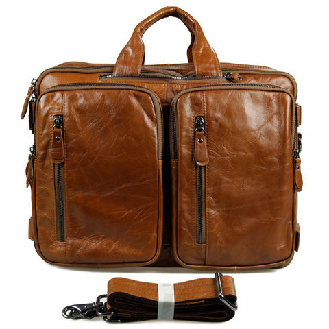 Full Grain Leather Briefcase Leather Business Laptop Backpack Messenger Shoulder Bag 7014 - ROCKCOWLEATHERSTUDIO