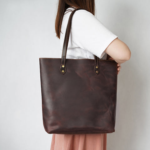 Full Grain Crazy Horse Leather Shoulder Bag Vintage Style Handbag Large Capacity Women Everyday Tote