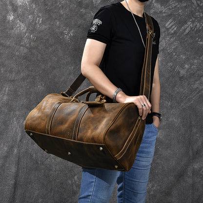 Crazy Horse Leather Men Duffle Bag Large Travel Bag With Shoes Compartment Weekend Bag ESS3982 - ROCKCOWLEATHERSTUDIO
