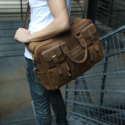 Crazy Horse Leather Shoulder Bag Retro Tote Bag Large Capacity Messenger Bag Z1014 - ROCKCOWLEATHERSTUDIO
