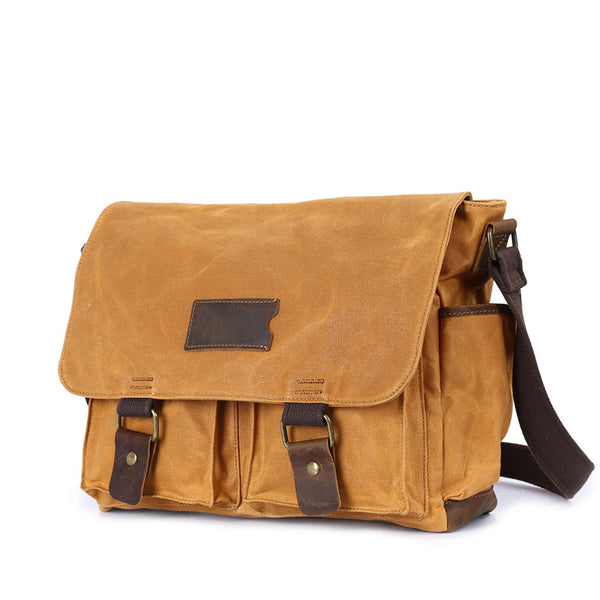 Waxed Canvas Crazy Horse Leather Messenger Bag Crossbody Shoulder Bag Laptop Bag 5356 - ROCKCOWLEATHERSTUDIO