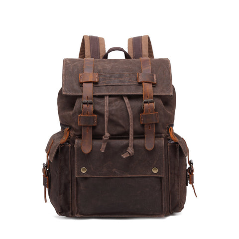 Outing Waxed Canvas Leather Backpack, Big Capacity Laptop Backpack, Vintage Waterproof Shoulder School Bag 5358 - ROCKCOWLEATHERSTUDIO