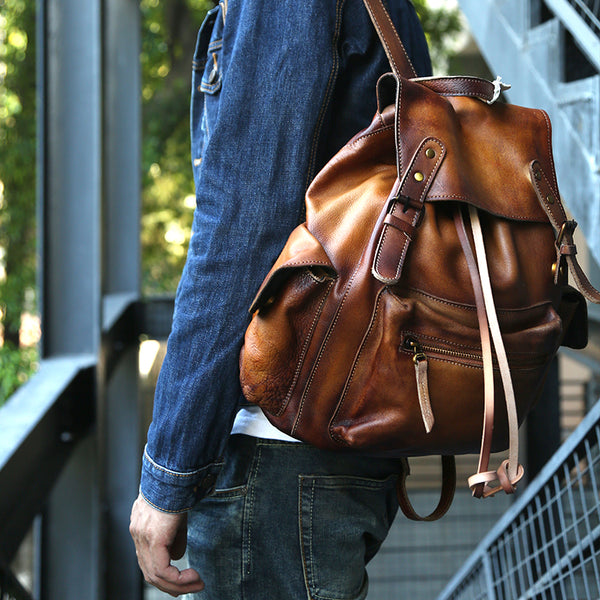 Handmade Men Travel Backpack Full Grain Leather Backpack School Backpack Z6562 - ROCKCOWLEATHERSTUDIO