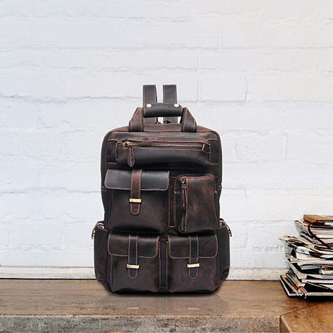 Men Retro Travel Backpack Crazy Horse Leather Backpack Large Capacity Backpack B826 - ROCKCOWLEATHERSTUDIO
