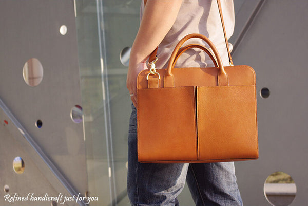 Handmade Tan Brown Leather Briefcase, Laptop Bag, Messenger Shoulder Bag Men's Handbag D018 - ROCKCOWLEATHERSTUDIO