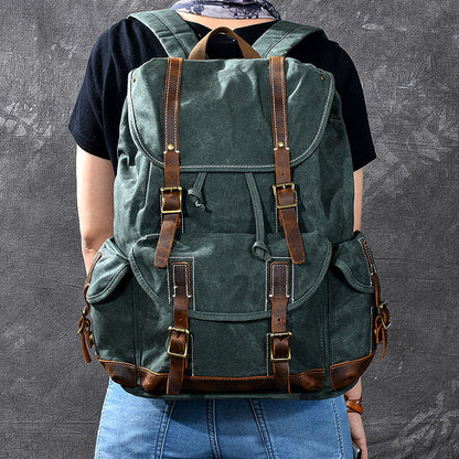 Waxed Canvas With Leather Backpack Vintage Large Capacity Backpack Travel Backpack ESS228 - ROCKCOWLEATHERSTUDIO