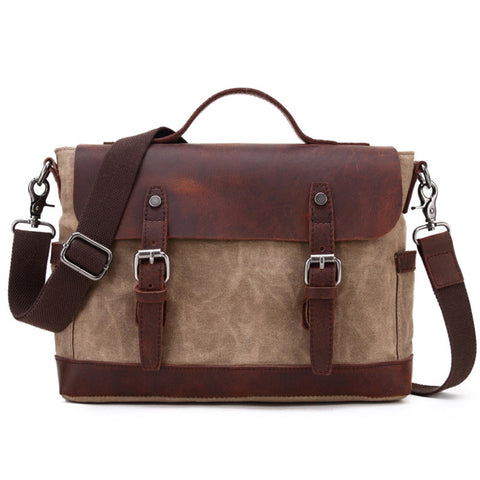 Handmade Canvas Leather Briefcase Vintage Crazy Horse Messenger Bag Crossbody Shoulder Bag Laptop Bag 2077 - ROCKCOWLEATHERSTUDIO