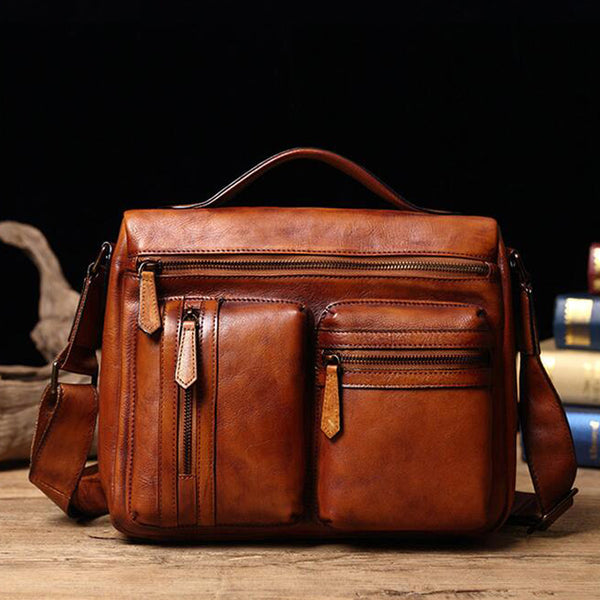 Men Retro Shoulder Bag Full Grain Leather Messenger Bag Men iPad Bag V171212 - ROCKCOWLEATHERSTUDIO