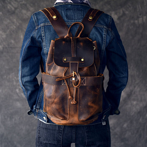 Crazy Horse Leather Men Travel Backpack Retro Laptop Backpack Bucket Backpack ESS299 - ROCKCOWLEATHERSTUDIO