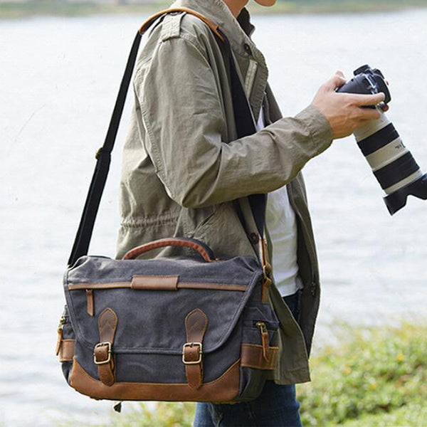 Leather With Canvas Camera Bag Waterproof DSLR Camera Bag Shoulder Messenger Bag QSM3035 - ROCKCOWLEATHERSTUDIO
