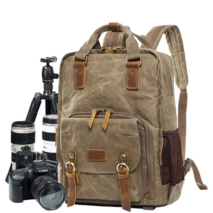 Camera Backpack Waxed Canvas DSLR Camera Backpack Waterproof Travel Backpack QSM272 - ROCKCOWLEATHERSTUDIO