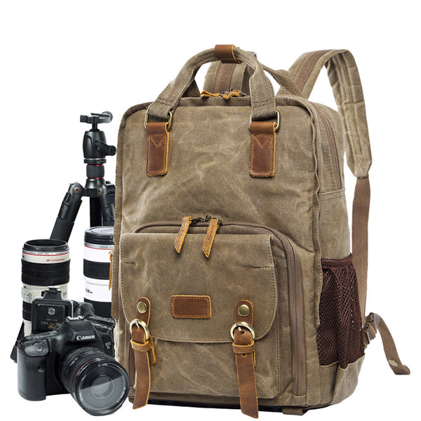 Camera Backpack Waxed Canvas DSLR Camera Backpack Waterproof Travel Backpack QSM272 - ROCKCOWLEATHERSTUDIO