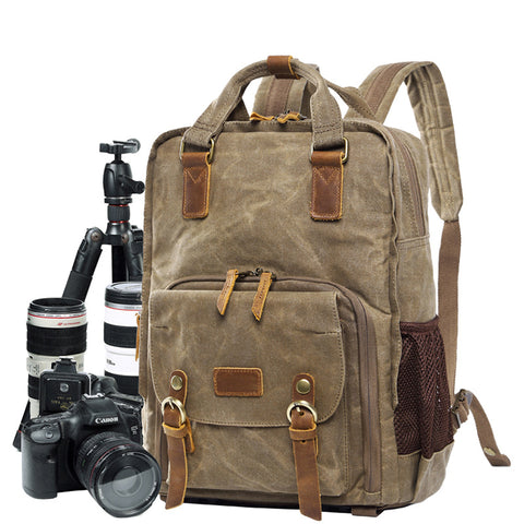 Camera Backpack Waxed Canvas DSLR Camera Backpack Waterproof Travel Backpack QSM272 - ROCKCOWLEATHERSTUDIO
