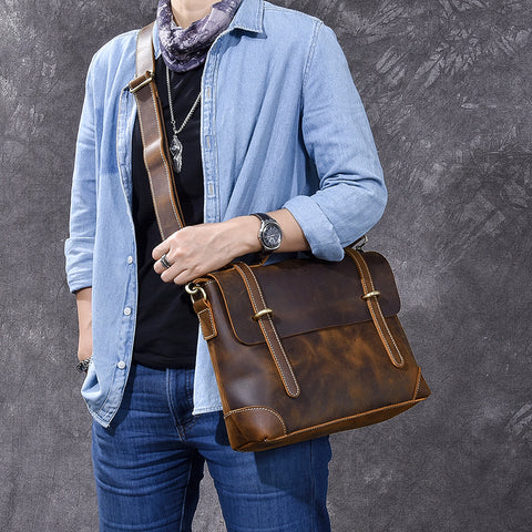 Crazy Horse Leather Men Briefcase Retro Messenger Bag Tote Bag ESS278 - ROCKCOWLEATHERSTUDIO