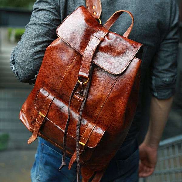 Men Bucket Backpack Full Grain Leather Travel Backpack Handmade Laptop Backpack Z6198 - ROCKCOWLEATHERSTUDIO