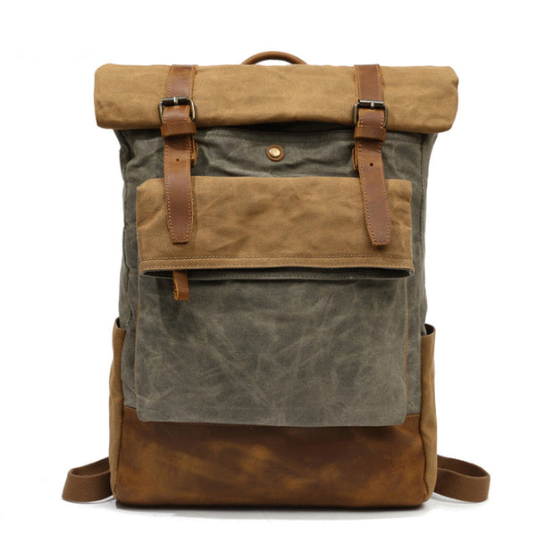 Outing Canvas Leather Rucksack, Casual Backpack, Vintage Waterproof Travel Shoulder Bag 8835 - ROCKCOWLEATHERSTUDIO