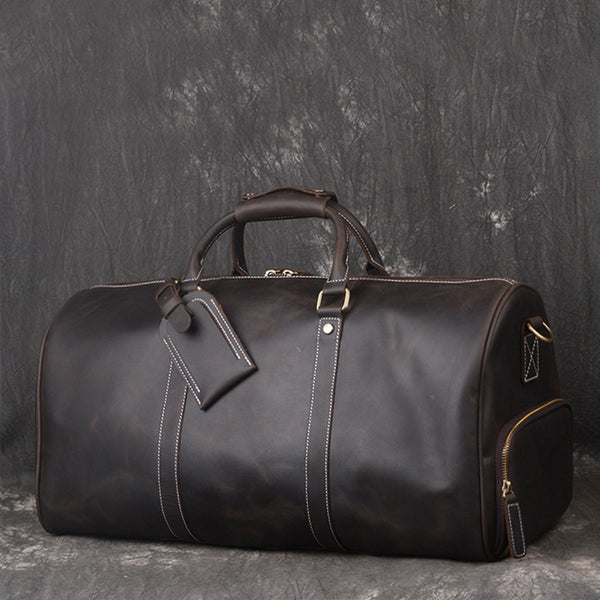 Vintage Full Grain Leather Travel Bag with Shoes Compartment, Large Du ...