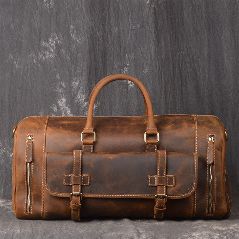 Vintage Leather Weekend Bag with Shoes Compartment, Crazy Horse Leather  Duffle Bag, Large Travel Bag
