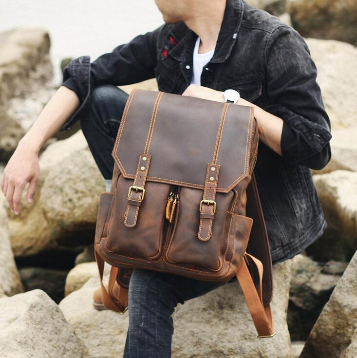 ROCKCOW Handmade Leather Travel Backpack, Designer Backpacks, School Backpack Retro Brown
