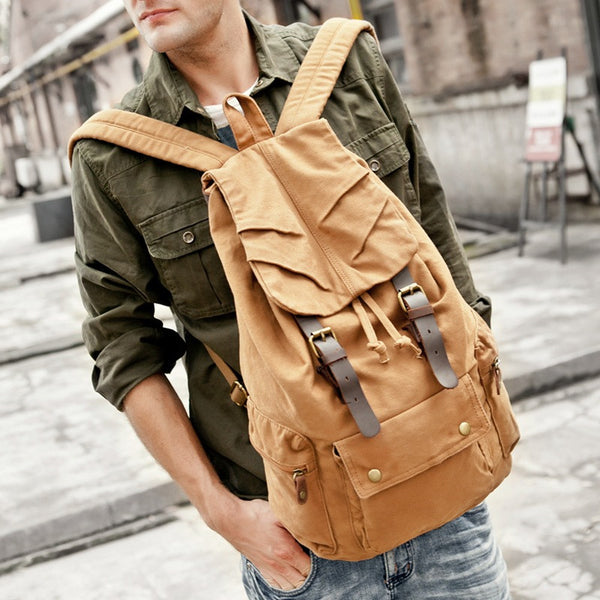 ROCKCOW Multi-Pocket Hiking Military Rucksack with Leather Accents on Brown 1005 - ROCKCOWLEATHERSTUDIO