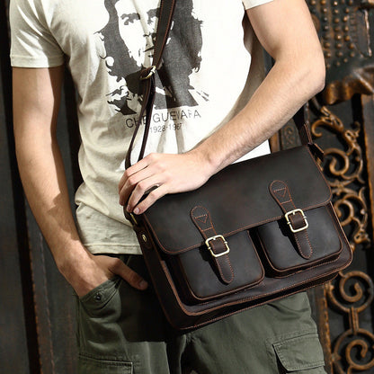 ROCKCOW Men's Genuine Leather Messenger Bag Crossbody Shoulder Bag For Men Business 8641 - ROCKCOWLEATHERSTUDIO