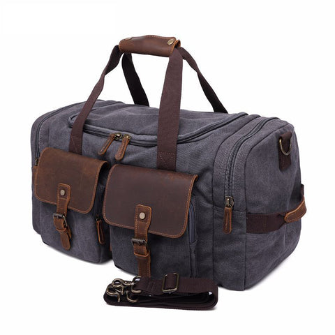 ROCKCOW Weekender Overnight Bag Canvas Genuine Leather Travel Duffel Tote AF14 - ROCKCOWLEATHERSTUDIO