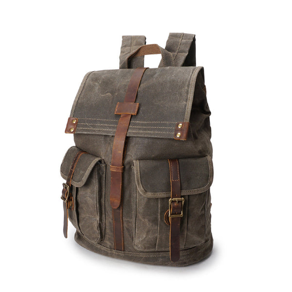 Outing Sport Travelling Waxed Canvas Leather Backpack, Casual Laptop Backpack, Vintage Waterproof Shoulder School Bag 5252 - ROCKCOWLEATHERSTUDIO