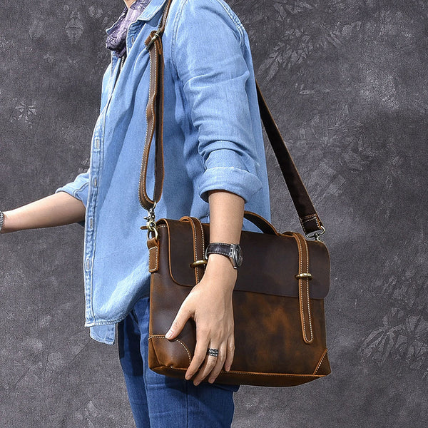 Tote Briefcase Messenger Bag With Crazy Horse Cowhide Vintage