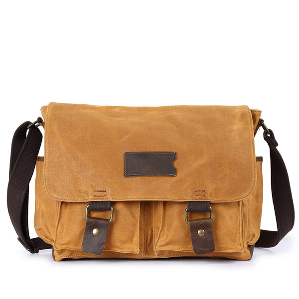Waxed Canvas Crazy Horse Leather Messenger Bag Crossbody Shoulder Bag Laptop Bag 5356 - ROCKCOWLEATHERSTUDIO