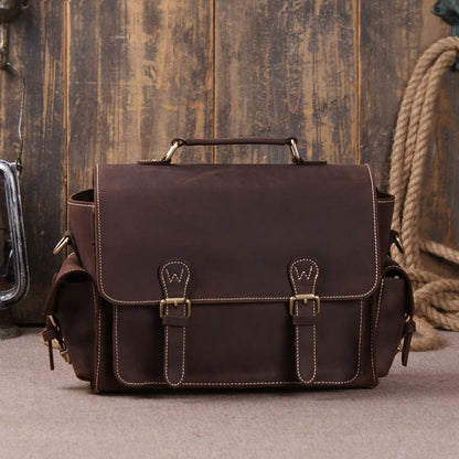 Dark Brown Leather Messenger Bag for Photographers, Travelers & Diaper Bag for Mother 6919 - ROCKCOWLEATHERSTUDIO