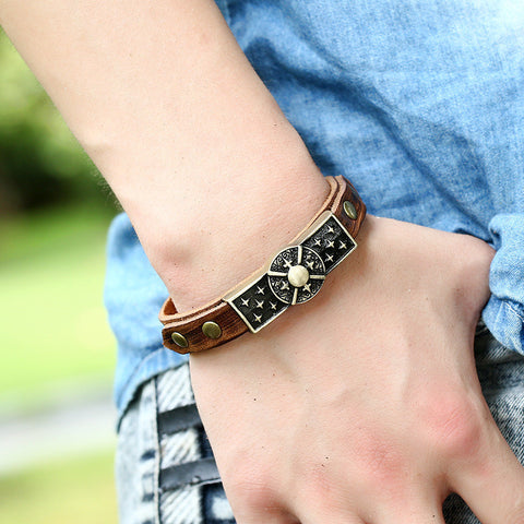 Men Cow Leather Genuine Wristband Cuff Bracelet Punk Style Charm Leather Bracelet YY-GT60 - ROCKCOWLEATHERSTUDIO