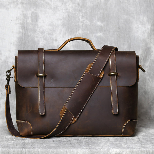 Handmade Full Grain Leather Briefcase Vintage Brown Business Messenger Bag Handbags