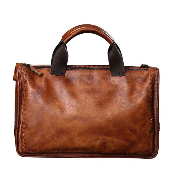 Full Grain Leather Weaving Tote Bag Retro Briefcase Men Shoulder Messenger Bag V180177 - ROCKCOWLEATHERSTUDIO