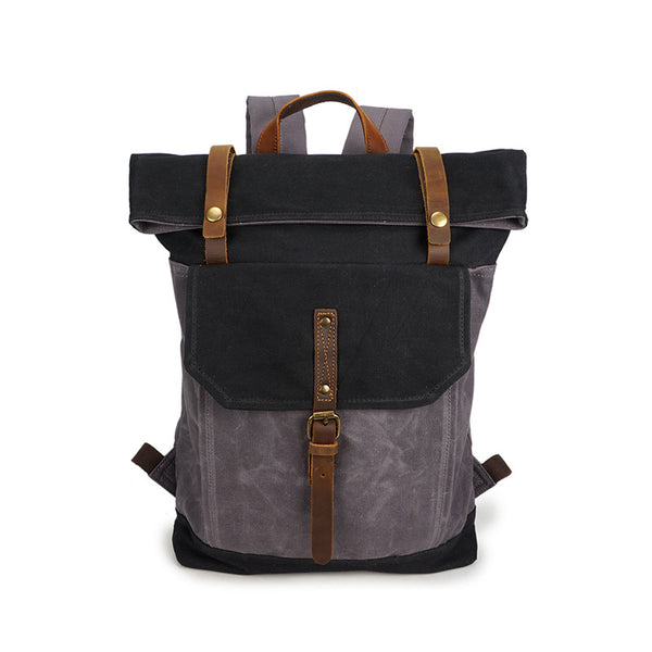 Men Canvas Leather Backpack, Big Capacity Laptop Backpack, Vintage Waterproof Shoulder Travel Bag 5191-1 - ROCKCOWLEATHERSTUDIO