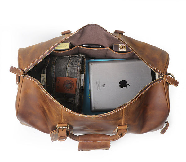 Vintage Full Grain Leather Travel Bag with Shoes Compartment