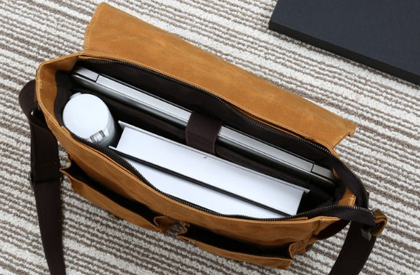 Waxed Canvas Crazy Horse Leather Messenger Bag Crossbody Shoulder Bag Laptop Bag 5356 - ROCKCOWLEATHERSTUDIO