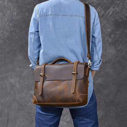 Crazy Horse Leather Men Briefcase Retro Messenger Bag Tote Bag ESS278 - ROCKCOWLEATHERSTUDIO