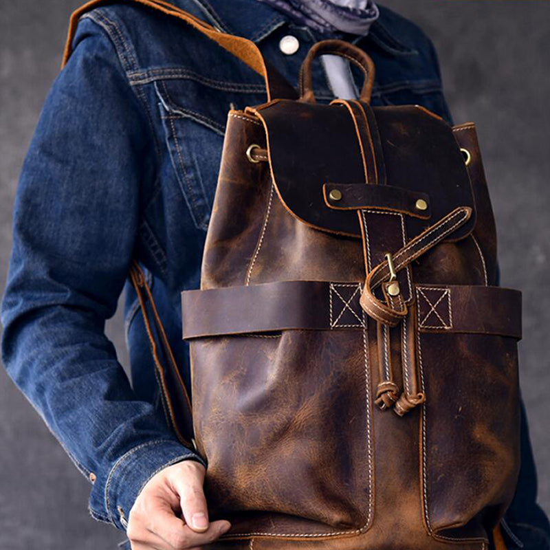 crazy horse buffalo leather backpack Men Travel Retro Laptop Backpack Bucket Backpack Brown Color:Blue & Silver with Lock Adjustable Color Wright & McGill Co. collapsible-portable