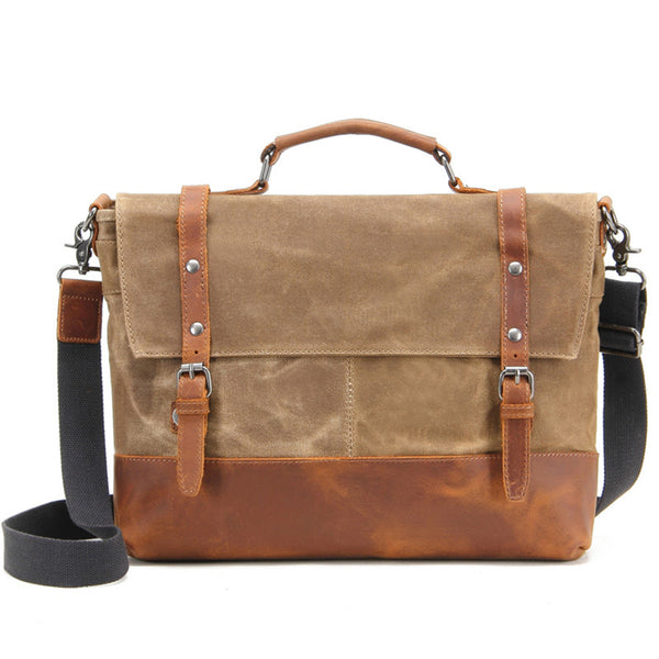 Canvas Leather Briefcase Vintage Crazy Horse Messenger Bag Crossbody Shoulder Bag Laptop Handbag 2008-1 - ROCKCOWLEATHERSTUDIO