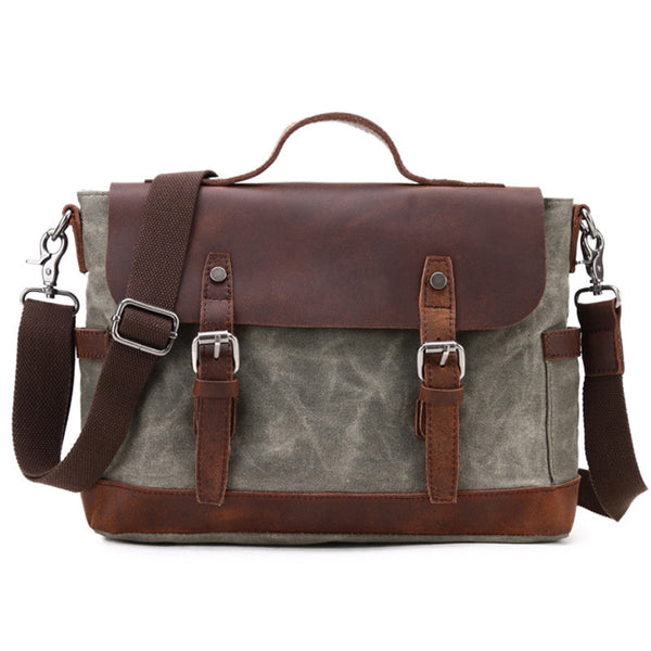 Handmade Canvas Leather Briefcase Vintage Crazy Horse Messenger Bag Crossbody Shoulder Bag Laptop Bag 2077 - ROCKCOWLEATHERSTUDIO