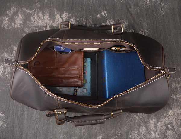 Vintage Crazy Horse Leather Duffle Bag with Shoes Compartment, Travel Bag,  Weekend Bag