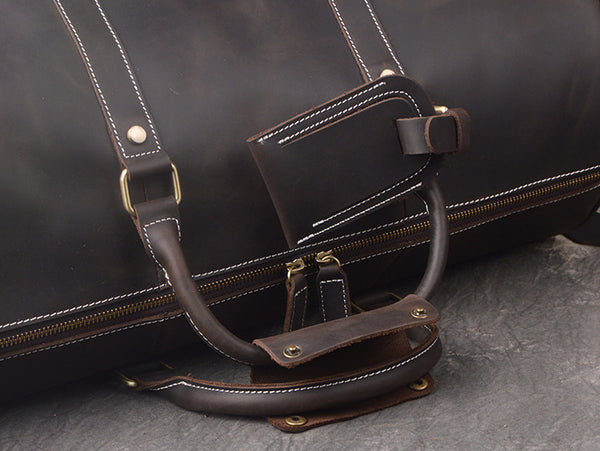 leathario men's leather luggage wheeled duffle leather travel bag Full Grain Leather Duffle Bag with Shoe Compartment, Vintage Men's Weekender Travel Bag Black / Normal