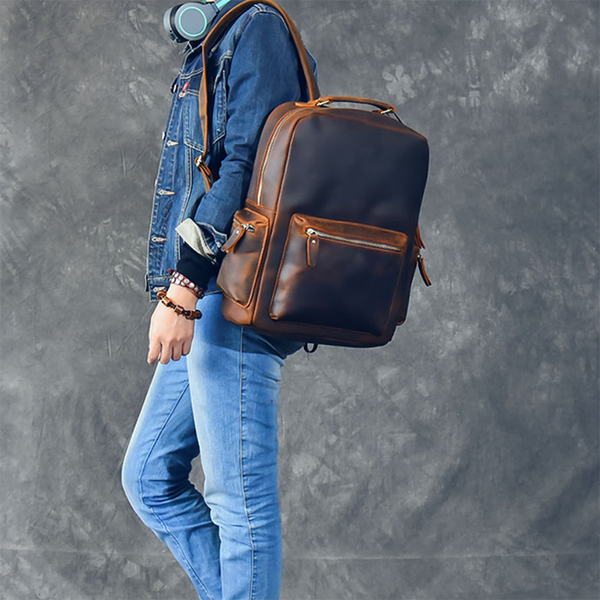 Men Retro Backpack Crazy Horse Leather Travel Backpack  display picture 1