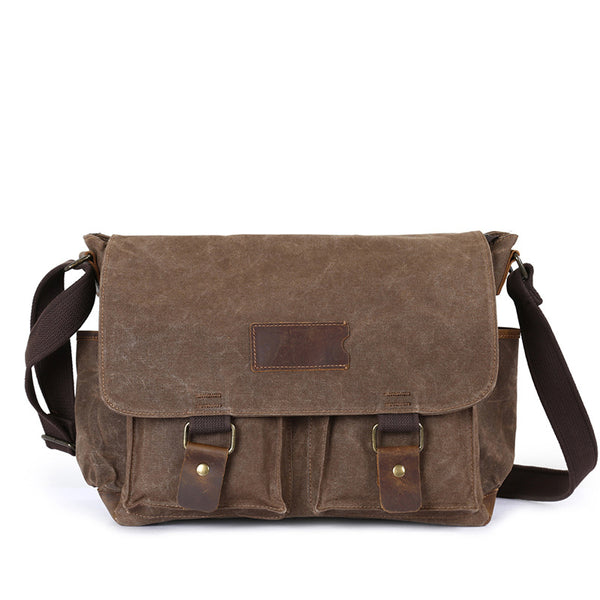 Waxed Canvas Crazy Horse Leather Messenger Bag Crossbody Shoulder Bag Laptop Bag 5356 - ROCKCOWLEATHERSTUDIO